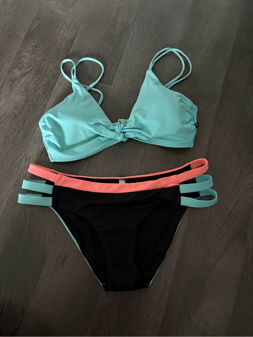 Aqua Two-Piece Bikini in Aqua, Black & Coral
